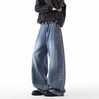 Men's High Rise Wide Leg Jeans Loose Baggy Fit American High Street Vintage Blue Cotton Non-Stretch Washed Denim Drapey Floor-Length Casual Trousers S