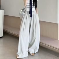 Women's High Waist Wide Leg Pants Loose Trousers Spring Polyester Spandex Ruffled Pleated Korean Style Draped Casual Long Pants S