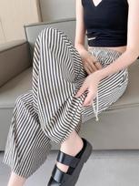 Women's High Waist Wide Leg Pants Trousers Summer Lazy Japanese Korean Style Drawstring Pocket Thin Vertical Striped Loose Straight Long Casual Pants M