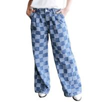 Women's High Waist Wide Leg Jeans Checkerboard Print Non-Stretch Denim Trousers Casual Loose Long Pants For Autumn Street Outfit 4