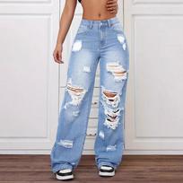 Women High Waist Distressed Ripped Wide Leg Jeans Non Stretch Washed Loose Full Length Denim Trousers Streetwear Pants XS-2XL XS
