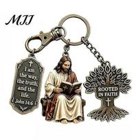 3-In-1 Keychain Jesus Reading Keychain, Vintage Man Tree of Life Scripture Religious Keychains Car Key Ring Handbag Charm, Gift for Christian A