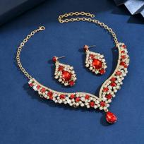 Hot Selling Ruby Exaggerated V-shaped Necklace Earrings Jewelry Set for Women, Versatile and Festive Style for All Occasions