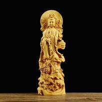 Boxwood Carving Riding Dragon Net Bottle Guanyin Buddha Statue Set Pieces Solid Wood Living Room Home for Handicrafts 6*4.5*20 cm