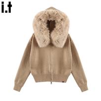 Women's Double-Zip Hooded Knit Sweater with Fur Collar One Size