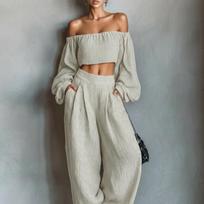 Women's Minimalist Linen Blend Strapless Top & Wide-Leg Pants Set XL šviesiai smėlio spalvos