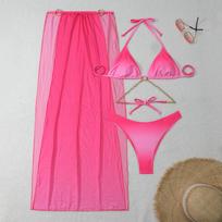 Sexy with Cover Up Gradient Halter Bikini 3PCS Female Swimsuit Women Swimwear Three-pieces Bikini Set Bather Bathing Suit Swim L