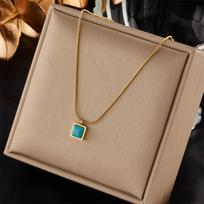 Gold Plated Herringbone Chain Square Square Turquoise Pendant Necklace
