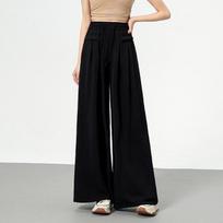 Women's High Waist Wide Leg Pants Loose Fit Casual Solid Color Skirt Pants Summer Textured Ice Silk Straight Leg Baggy Trousers With Side Pockets M