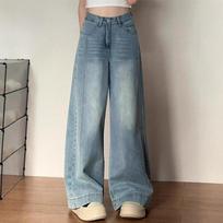 Women's High Waist Wide Leg Jeans Loose Fit Vintage Blue Zero Stretch Winter Pear Shape Friendly Floor-Length Versatile Denim Trousers XS