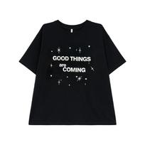 Women's V Neck Short Sleeve Drop Shoulder Oversized Punk Tee Metallic Letter Star Print Cotton Casual Top XS