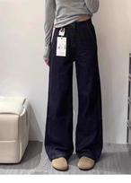 Women's High Waist Straight Leg Jeans Loose Fit Vintage Wide Leg Jeans Dark Blue Washed Denim Long Pants Spring Retro Daily Bottoms S