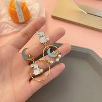 Cute Personality Pink Korean Moon Rabbit Drop Earrings Enamel Anti Allergy Asymmetric Earrings A