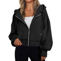 Women's Hooded Zip Up Cropped Sweatshirt Solid Color Lantern Long Sleeve Casual Loose Fall Winter Outerwear Jacket S