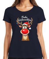 Merry Christmas Reindeer Rudolph Red Nose Santa Hat Cute Ladies TShirt S