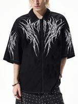 Gothic Thorn Print Zip-Up Short Sleeve Shirt L