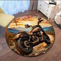 Motorcycle Sunset Landscape Round Rug Plush Floor Mat Biker Style Room Decor Adventure Travel Theme Carpet Motorcycle Lover Rug 60cm x 60cm