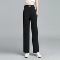 Women's Elastic Waist Straight Leg Pants Slim Wide Leg Trousers Summer Thin Ice Silk Mild Stretch Elegant Commuter Drape Casual Long Pants S
