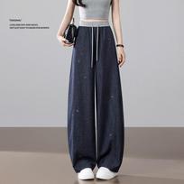 Women's High Waist Elastic Waist Jeans Wide Leg Denim Pants Loose Fit Japanese Korean Casual Sparkle Rhinestone Summer Breathable Bottoms M
