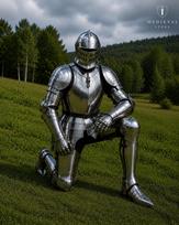 Viduramžių riterio kostiumas – Pilno šarvo kario kostiumas su vizoriniu šalmu LARP, Cosplay & Renesanso mugėms "S", "M", "L", "XL", "XXL", sidabras