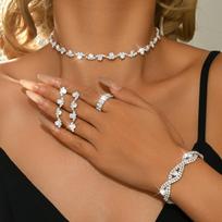 Luxurious 5pcs Red Blue Silver Color Rhinestone Jewelry Set Earrings Necklace Bracelet Ring, Casual Style for Women, All Seasons