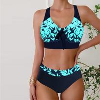 Women's Swimwear Bikini 2 Piece Swimsuit Backless Halter Beach Wear Blue Emerald Green Leaves Print Bathing Suits Hanging Neck Swimsuit S