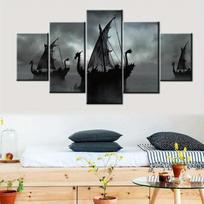 Norse Decor Black and White Painting Vikings Ship Artwork Fantasy Sailing Boat Pictures for Living Room Home 5 Panel Dragon Canvas No Frame 30x40cm*2  30x60cm*2  30x80cm*1 No Frame gray