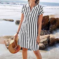 Women's Casual Cotton And Linen Striped Printed Short Sleeved Shirt Dress L