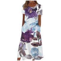Women's Summer Casual Fashion Floral Print Short Sleeve Round Neck Pocket Dress XL