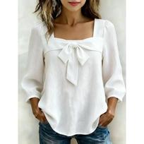 Spring Summer Women's Bow Square Neck Nine Cent Sleeve Shirt Solid Color Women's Fashion Top Shirt S balta