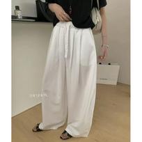 Women's High Waist Wide Leg Pants Loose Trousers Summer Polyester Solid Color Drawstring Pocket Casual Drape Long Trousers S