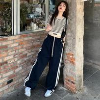 Women's High Waist Wide Leg Sweatpants Loose Spring Polyester Spandex Striped Dual-Wear American Street Casual Long Trousers S