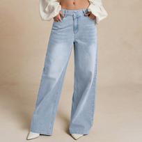 Women's High Rise Wide Leg Jeans Straight Denim Pants Minimalist Style Spring Washed Distressed Floor Length Trousers S