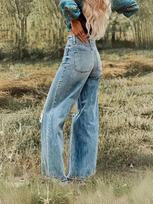 Women's Mid Rise Wide Leg Jeans Loose Fit Denim Pants Elegant Style Peacock Blue Ripped Detail High Stretch Spring Casual Streetwear Trousers S