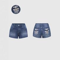 Women's Low Rise Denim Shorts Medium Stretch Cross Rhinestone Embroidery Short Pants Streetwear Washed Mini Jeans XS