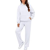 Women's Hooded Sweatshirt Wide Leg Pants 2 Piece Tracksuit Loose Fit Solid Color Pocket Fleece Lined Sports Matching Set Autumn Winter Loungewear S