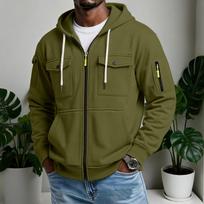 Men's Casual Multi-Pocket Zip Hoodie, Outdoor Cargo Jacket for Sports and Daily Wear L