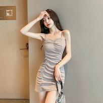 WTEMPO Sleeveless Dresses Women Slim Solid Folds Elegant Korean Mini Dresses Empire Summer Casual Black Khaki Dress S