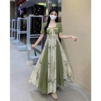 New Chinese Style Improved Splicing Printed Niche Slim Square Neck Strap Long Dress S