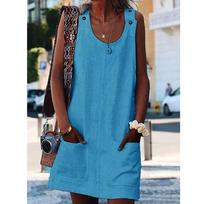 Neck Women Dresses  Daily Casual Button Plain Cotton Dresses S