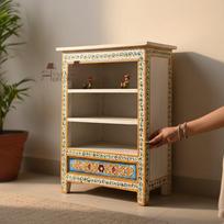 Wood Painted Storage Cabinet  3-Tier Shelf with Drawer | Ethnic Indian Furniture | Decorative Accent Table,Bedside Cabinet Self With Desk
