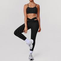 Women's Round Neck Sleeveless Slim Fit Polka Dot Two Piece Set High Waist Crossover 9 10 Length Leggings Workout Yoga Active Outfit S