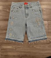 Unisex Mid Rise Straight Leg Denim Jorts Regular Fit Street Hip Hop Cross Rhinestone Five Pocket Denim Shorts S