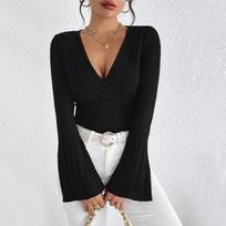 Women's V Neck Long Sleeve Knit Top Slim Fit Elegant Ribbed Flare Sleeve Blouse S