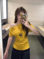 Women's Off Shoulder Short Sleeve Top Slim Fit Ruched Waist Solid Color Asymmetric Neck T Shirt Summer Pure Desire Korean Daily Blouse S
