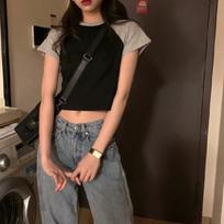 Women's Crew Neck Raglan Short Sleeve Slim Color Block Crop Top Y2K Cutout Waist Casual T-Shirt S