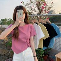Women's Round Neck Short Sleeve Top Slim Fit Commuter Style Twisted Irregular Hem Solid Color Cropped Summer Tee M