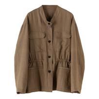 Women's Stand Collar Long Sleeve Linen Jacket Loose Fit Vintage Cargo Utility Shacket S