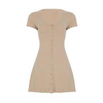 Women's V Neck Short Sleeve Mini Dress Slim Fit A Line Button Down Knit Dresses S