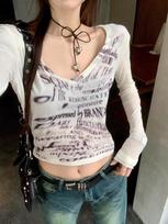 Women's Crew Neck Long Sleeve Crop T-Shirt Slim Fit Letter Print Sheer Thin Layering Top Y2K Sexy American Streetwear Base Tee S
